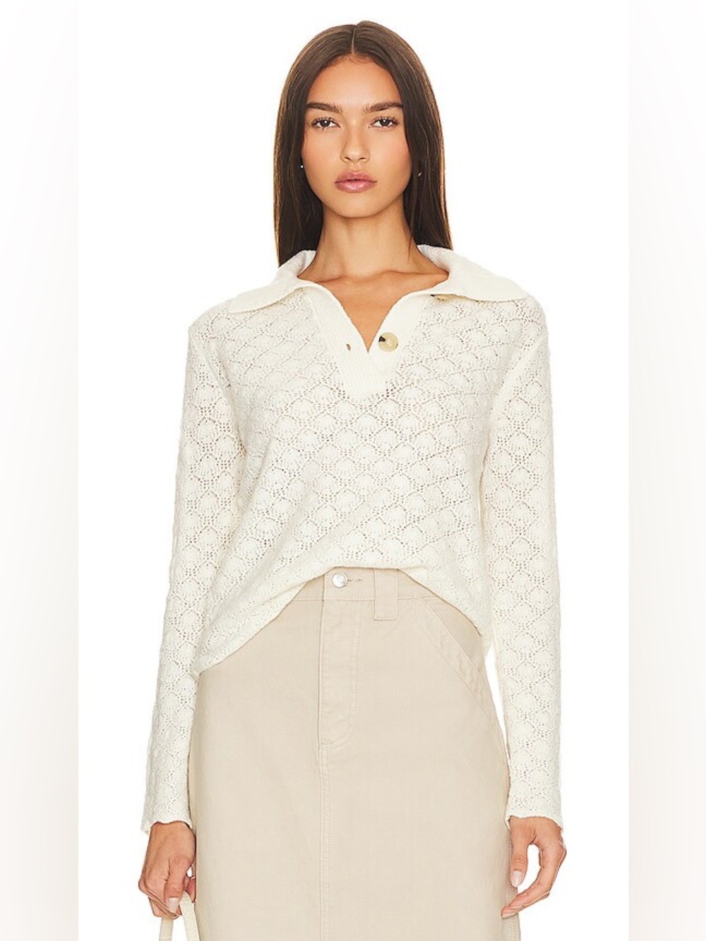 Vince Lace Stitch Wool Cashmere Blend Polo Sweater Cream L